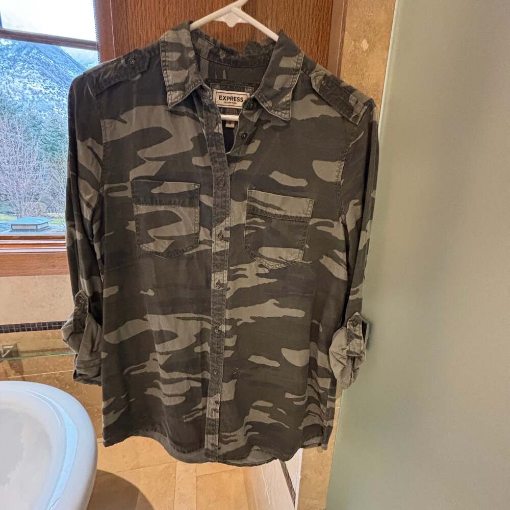 Express Camouflage Military Boyfriend Button Down Shirt- XS
